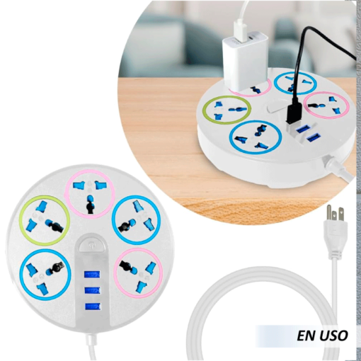 Multicontacto Circular 5 Conexiones 3 Puertos USB